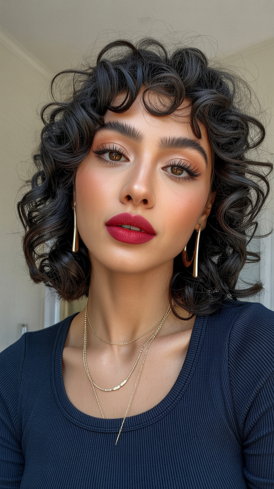 Cute curly hairstyles for women 2026 Classic Dark Curly Bob With Defined Fringe