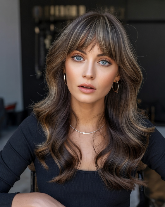 Cute hairstyle ideas 2026 Long Chocolate Waves With Wispy Bangs