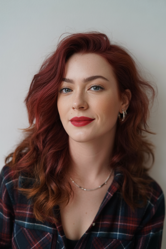 Cute hairstyle ideas 2026 Soft Auburn Waves With Side Part