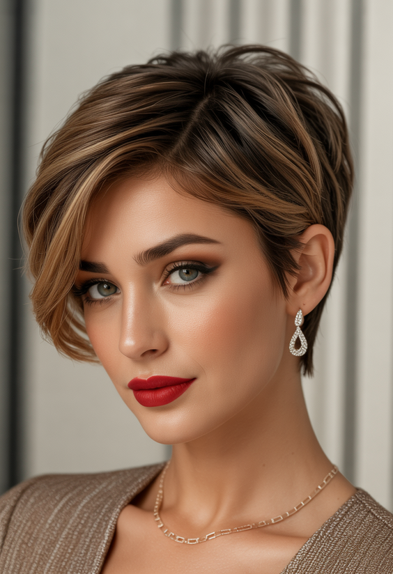 Cute hairstyle ideas 2026 Side Swept Pixie With Soft Highlights