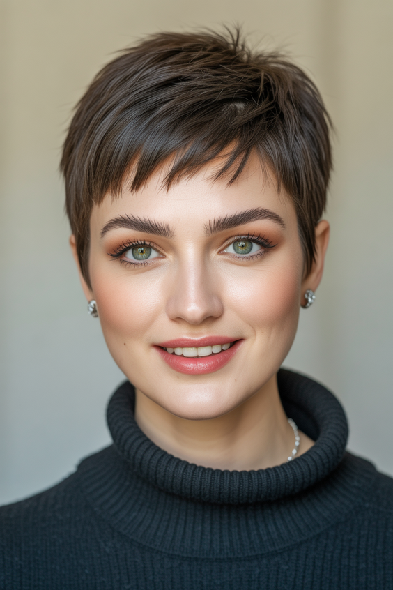 Cute short hairstyles for women 2026 Warm Brunette Pixie with Soft Tapered Edges