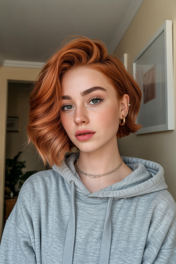 Cute short hairstyles for women 2026 Warm Copper Asymmetric Bob with Sculpted Curve