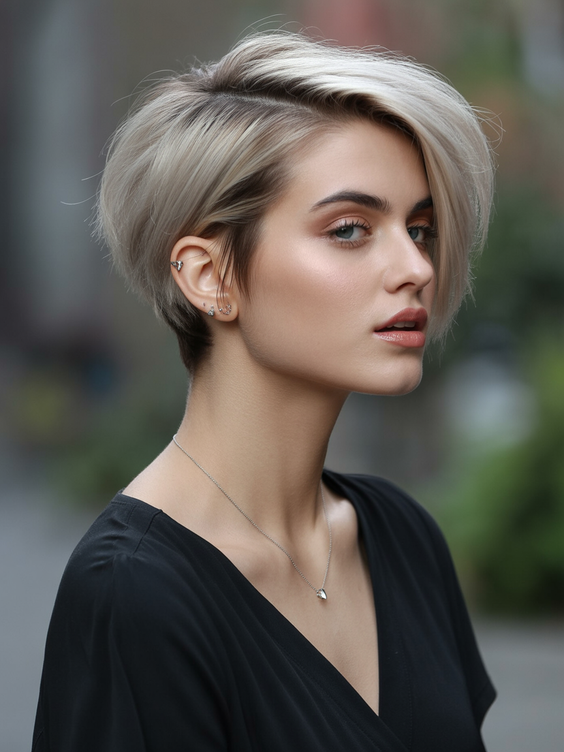 Cute short hairstyles for women 2026 Sleek Platinum Bob with Dramatic Side Layering