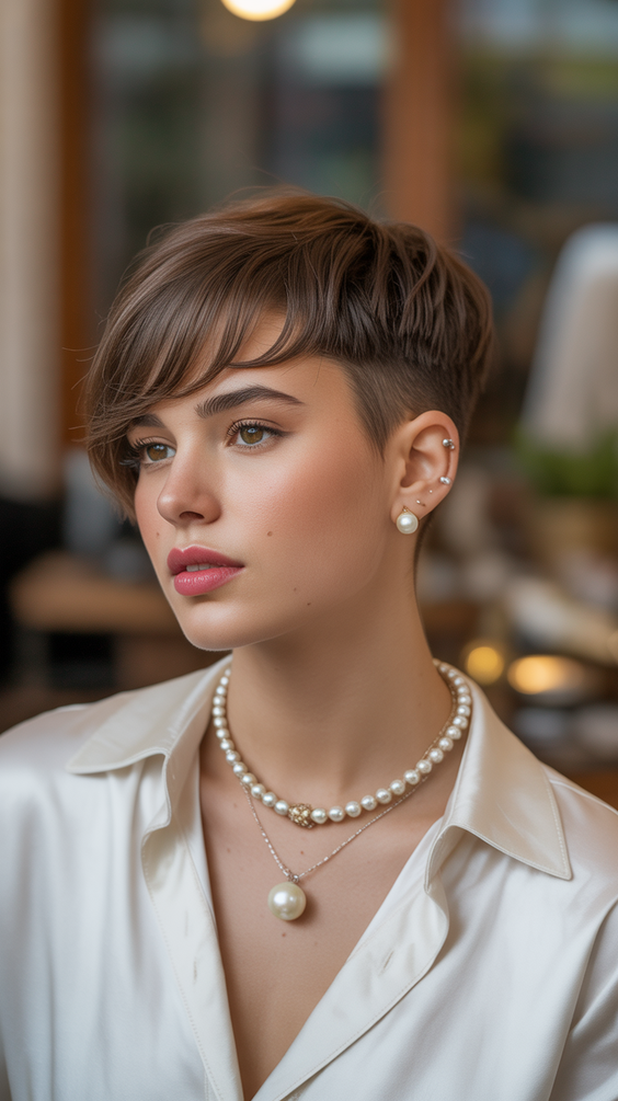 Cute short hairstyles for women 2026 Chic Tapered Brunette Pixie with Polished Fringe