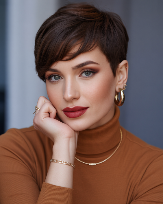 Cute Short Hairstyles for Women 2026 Classic Brunette Pixie with a Soft Fringe