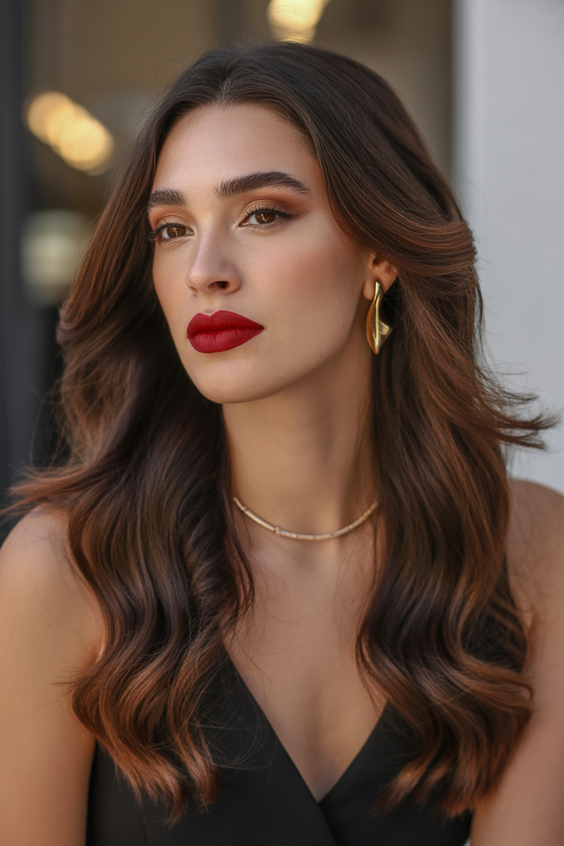 dark brown hair color 2026 warm auburn kissed brunette for seasonal glow