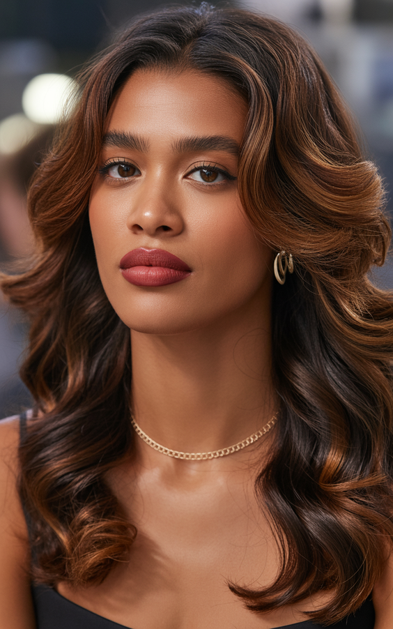 dark brown hair color 2026 golden contour waves on deep brunette