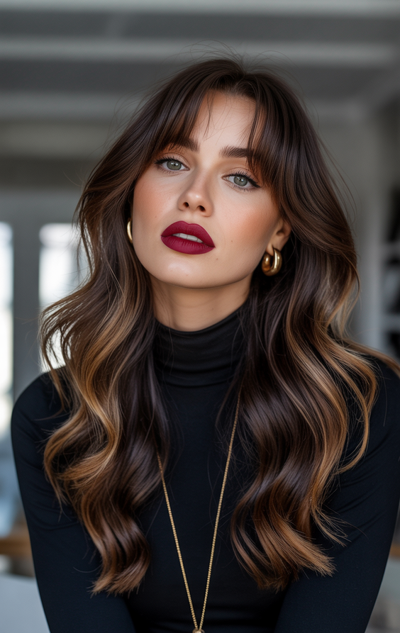 dark brown hair color 2026 long dimensional brunette with soft curtain fringe