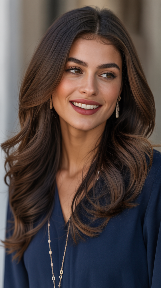 dark brown hair color 2026 soft chocolate brunette with warm veiling highlights