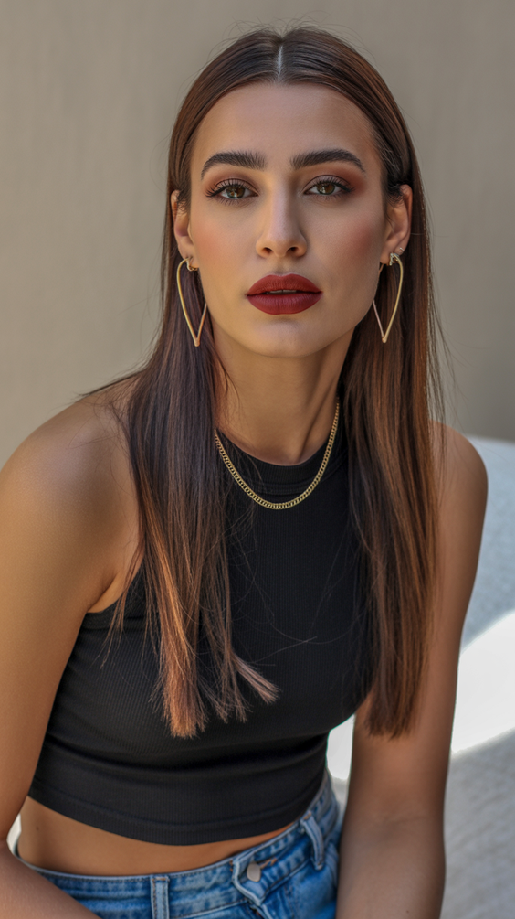 dark brown hair color 2026 sleek straight brunette with soft cinnamon ends