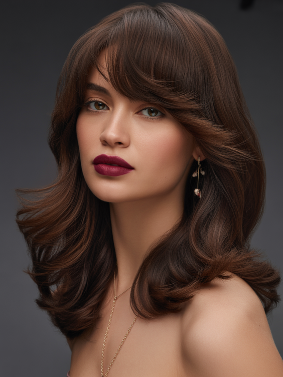 dark brown hair color 2026 layered chocolate brunette with feathered bangs