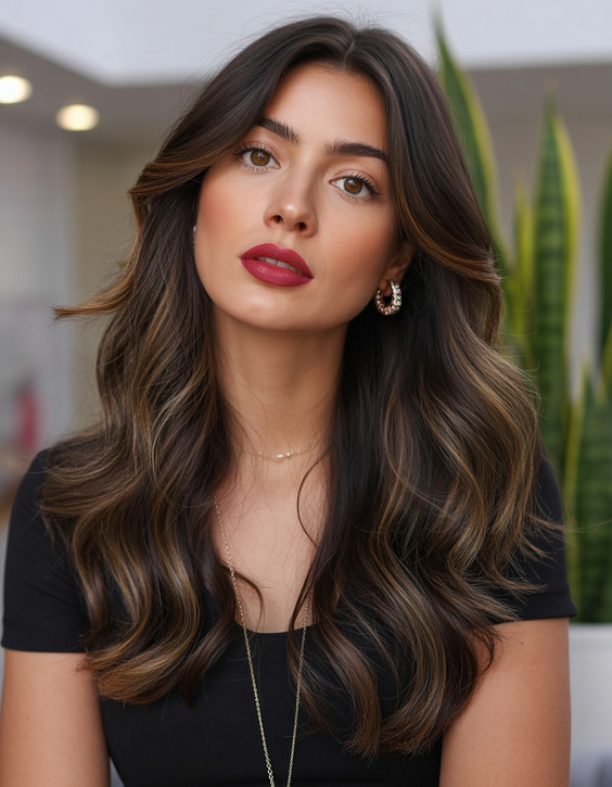 dark brown hair color 2026 deep brunette with brightened contour highlights