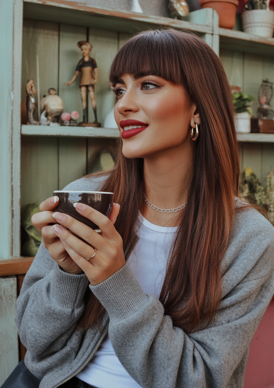 dark brown hair color 2026 sleek fringe with deep espresso shine