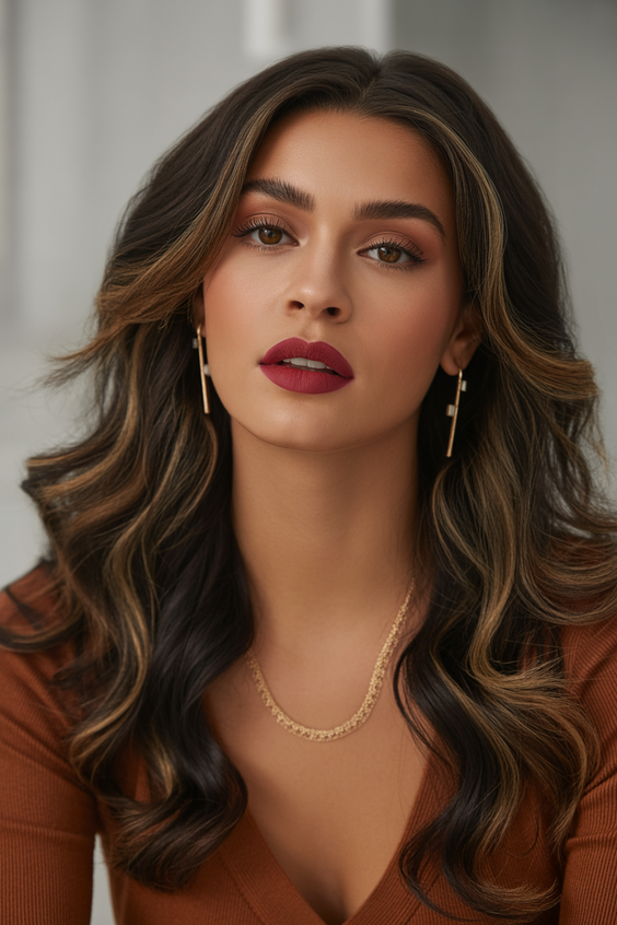 dark brown hair color 2026 warm dimensional brunette with golden threads