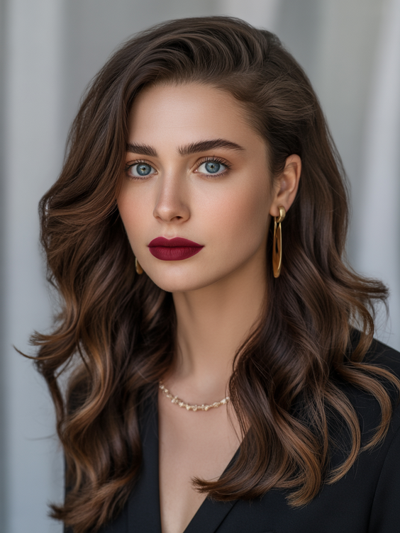 dark brown hair color 2026 soft sculpted waves in warm brunette dimension