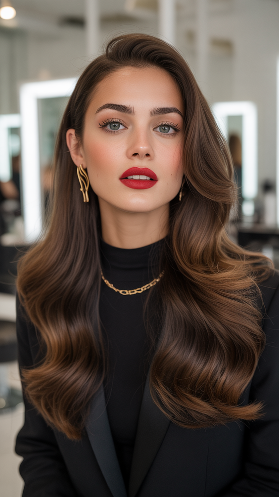 dark brown hair color 2026 ultra glossy long brunette with cool melt