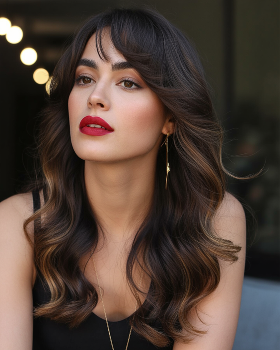 dark brown hair color 2026 shag inspired waves with soft lifted highlights