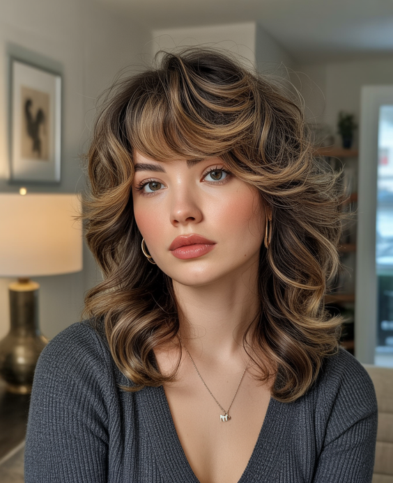 edgy wolf cut hairstyle 2026 warm dimensional wolf cut with sculpted curls and waves