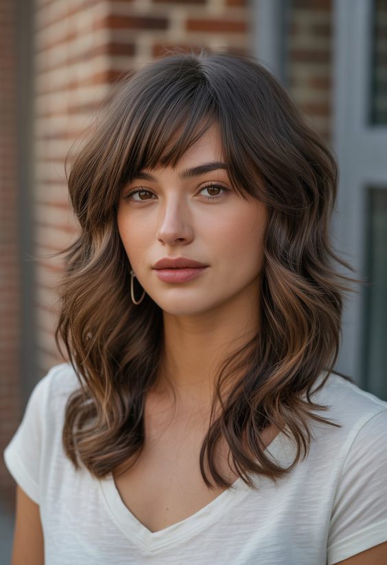 edgy wolf cut hairstyle 2026 modern chocolate wolf cut with soft edge bangs