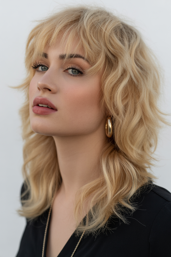 edgy wolf cut hairstyle 2026 soft honey wolf cut with weightless curved fringe