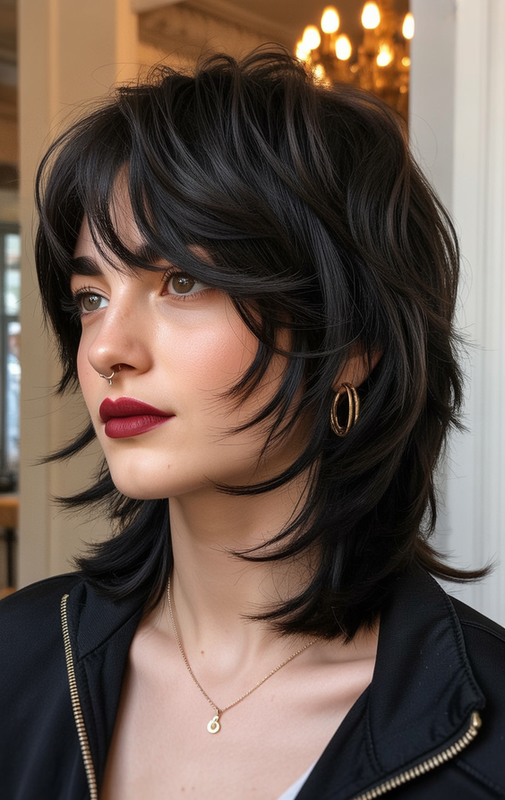 edgy wolf cut hairstyle 2026 jet black layered wolf cut with graphic fringe