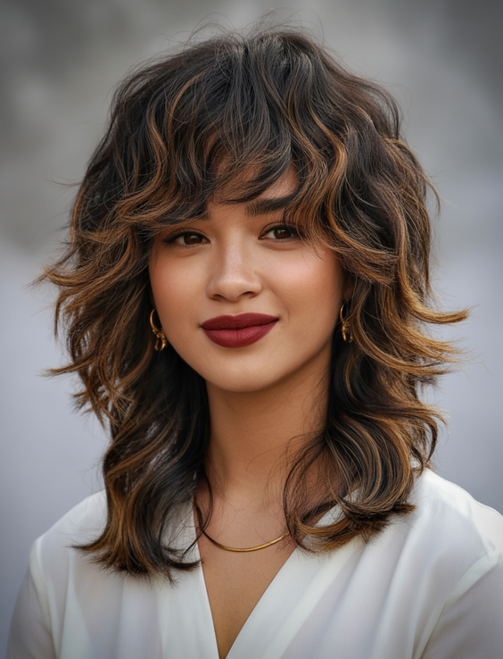 edgy wolf cut hairstyle 2026 golden highlight wolf cut with lived in waves