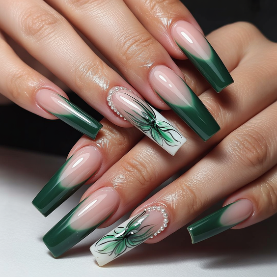 elegant acrylic nails 2026 green french coffin