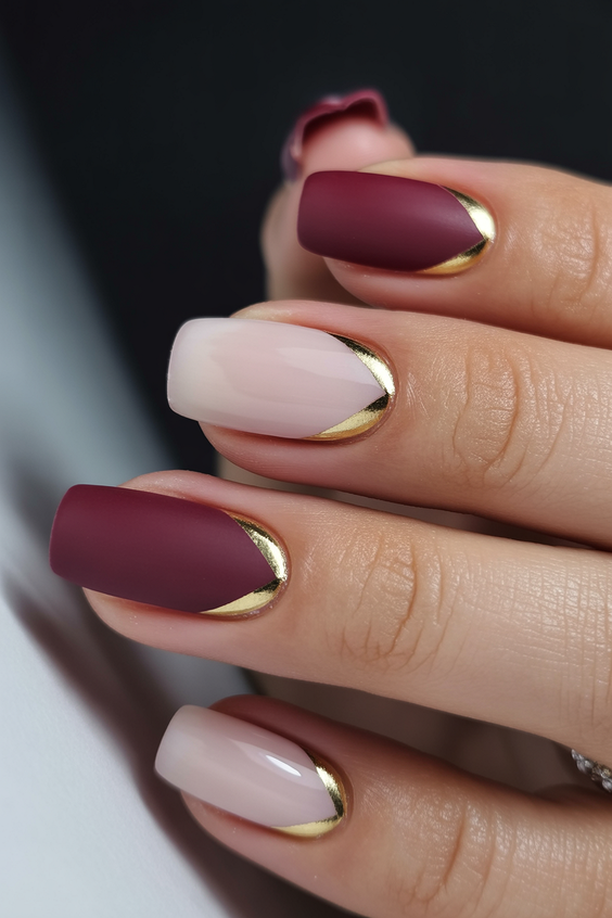elegant acrylic nails 2026 burgundy gold short