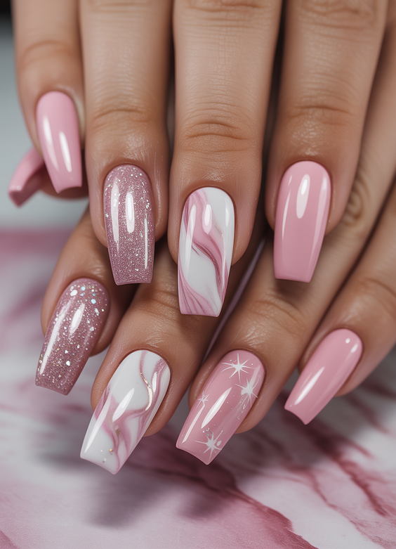elegant acrylic nails 2026 pink square sparkle