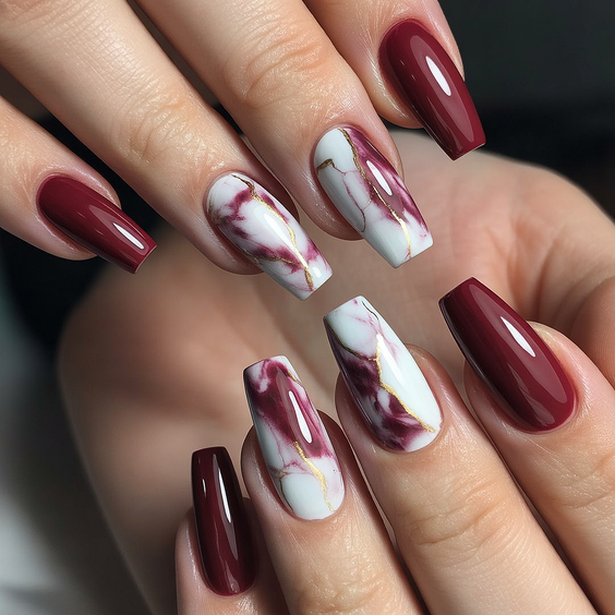 elegant acrylic nails 2026 burgundy marble square