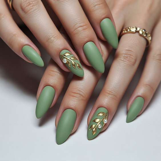elegant acrylic nails 2026 green almond gold