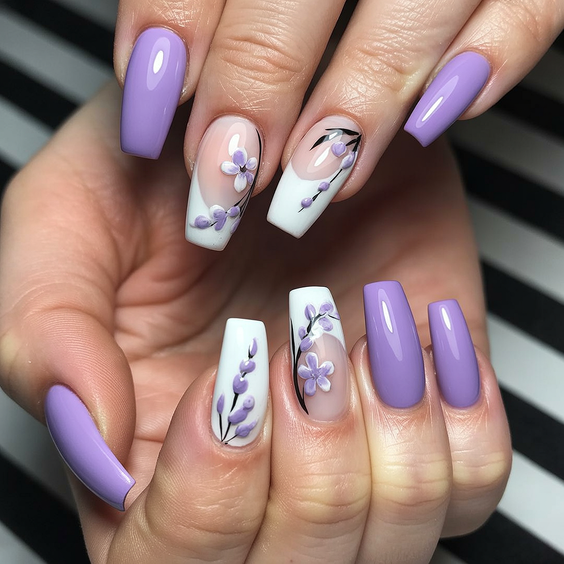 elegant acrylic nails 2026 lavender floral square
