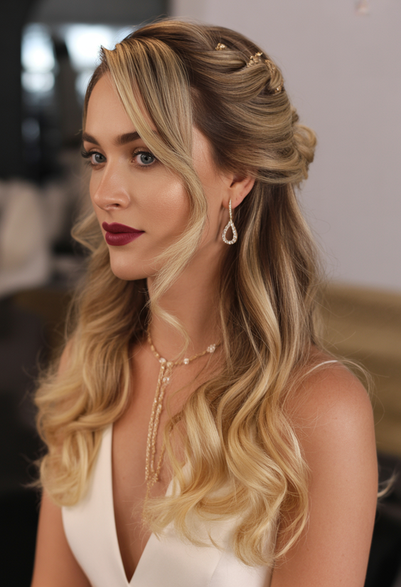 Elegant wedding hairstyles 2026 Half Up Glam Waves