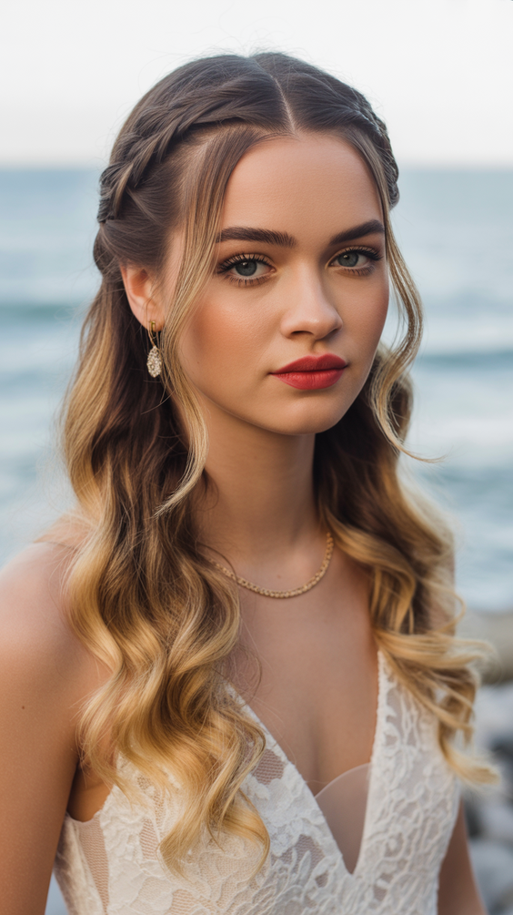 Elegant wedding hairstyles 2026 Beach Half Up Braided Waves