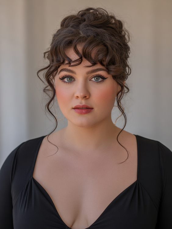 best choppy bob haircut ideas 2026 romantic curly updo with soft baby bangs