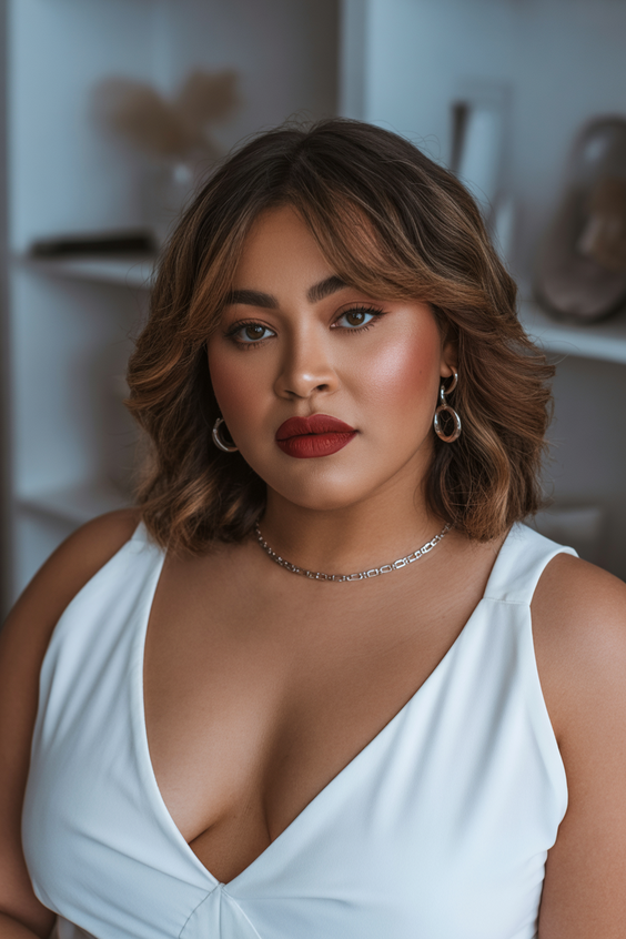 Flattering hairstyles for plus-size women 2026 Warm Honey Lob With Soft Face-Framing Layers