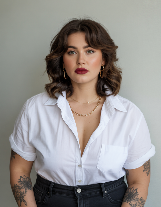 Flattering hairstyles for plus-size women 2026 Modern Medium Waves With a Soft Curtain Fringe