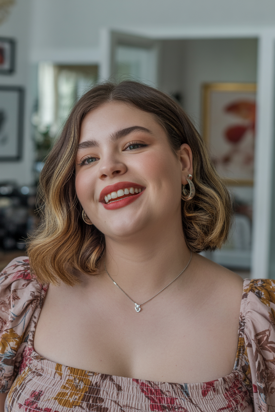 Flattering hairstyles for plus-size women 2026 Textured Bob With Blonde Contour and Soft Volume