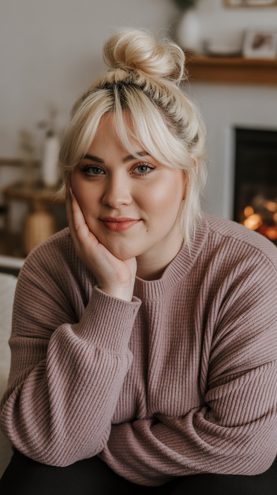Flattering hairstyles for plus-size women 2026 Relaxed Top Knot With Soft Curtain Bangs