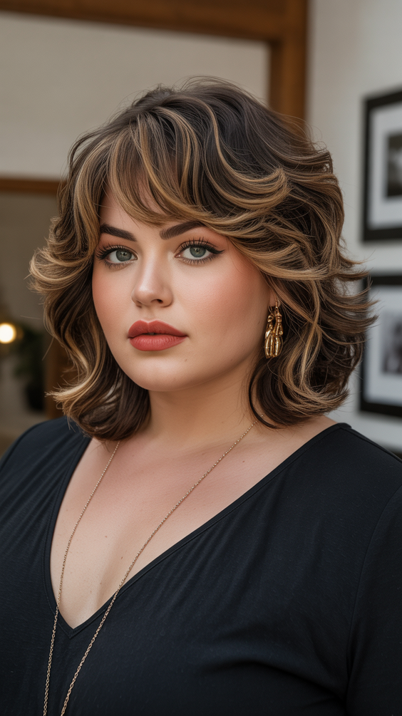 Flattering hairstyles for plus-size women 2026 Voluminous Shoulder-Length Shag With Golden Highlights