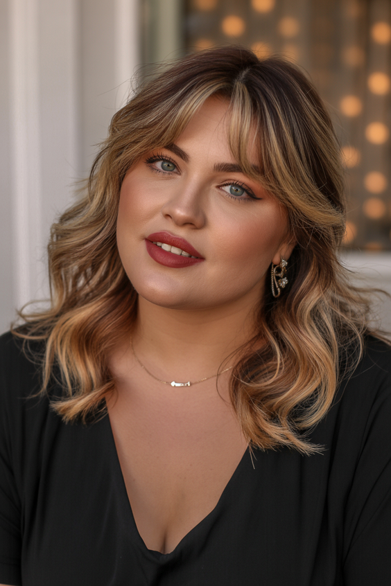 Flattering hairstyles for plus-size women 2026 Soft Blonde Waves With Grown-Out Curtain Bangs