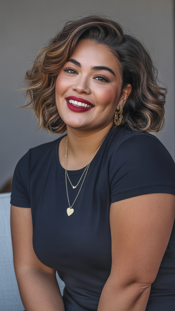 Flattering hairstyles for plus-size women 2026 Side-Parted Wavy Bob With Dimensional Color
