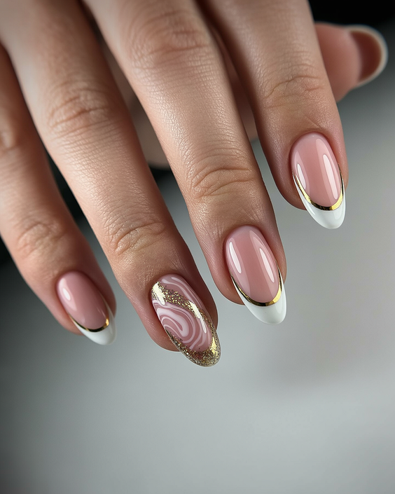 French nail designs 2026 Almond French with gold swirl accent