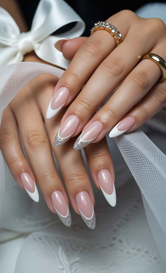 French nail designs 2026 Almond French with silver glitter tips