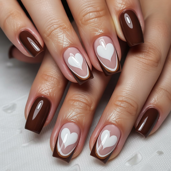 French nail designs 2026 Brown French with heart design