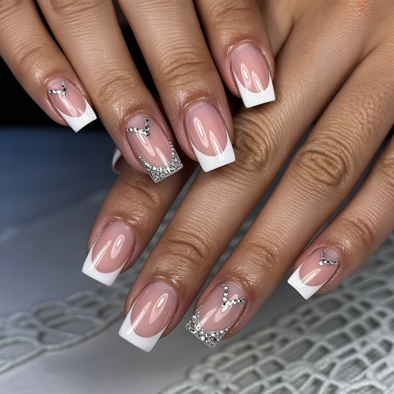 French nail designs 2026 minimal square French with crystal accents