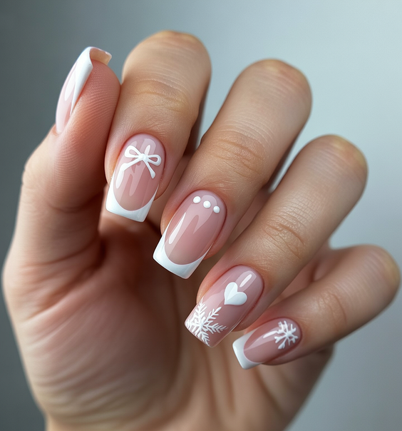 French nail designs 2026 Square French with winter art