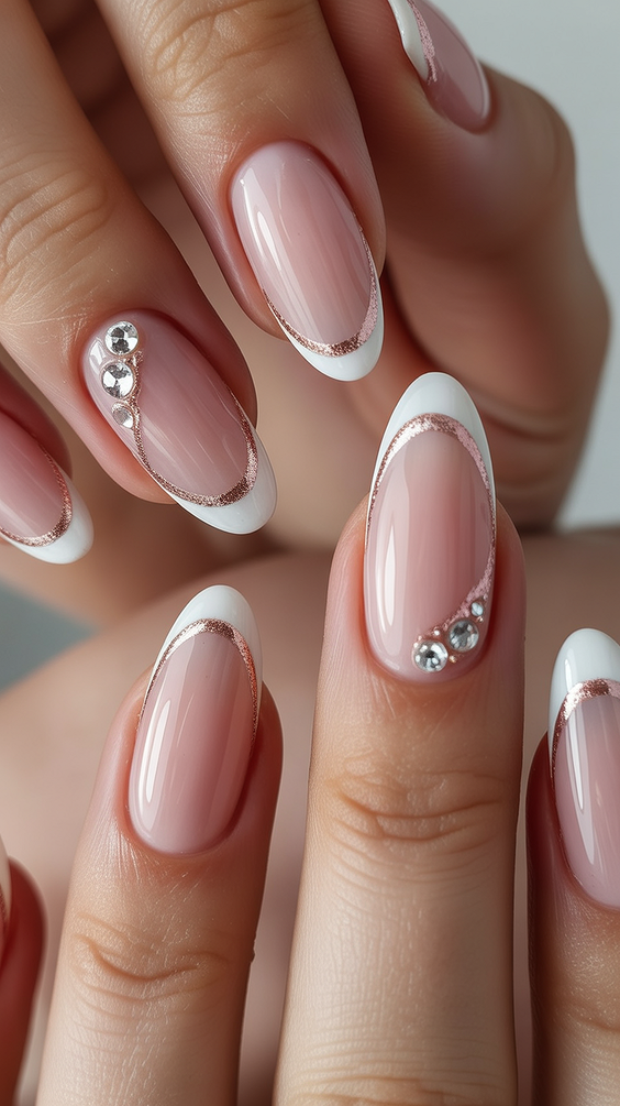 French nail designs 2026 Almond French with rose gold details