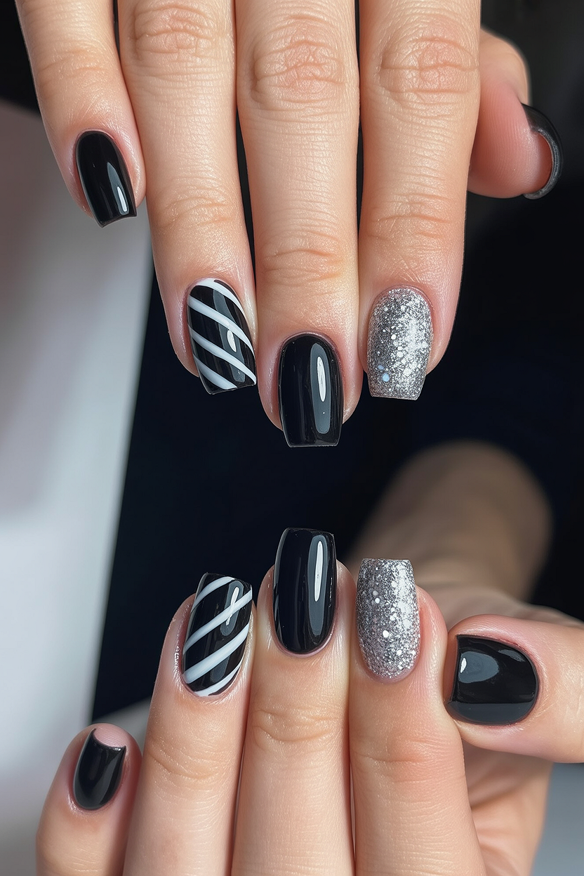 glitter black nails 2026 graphic black with silver accents