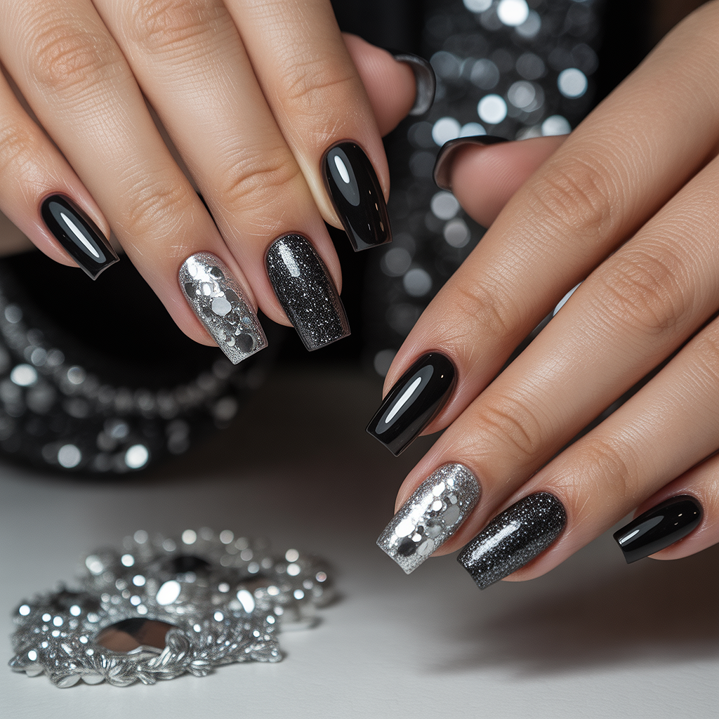 glitter black nails 2026 square silver glitter design
